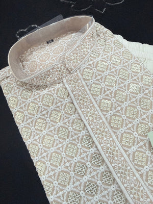 Men's Kurta Pajama set with Embroidery and Sequins in Light Beige Shade. Two-piece Indian traditional outfit., KP - 1424