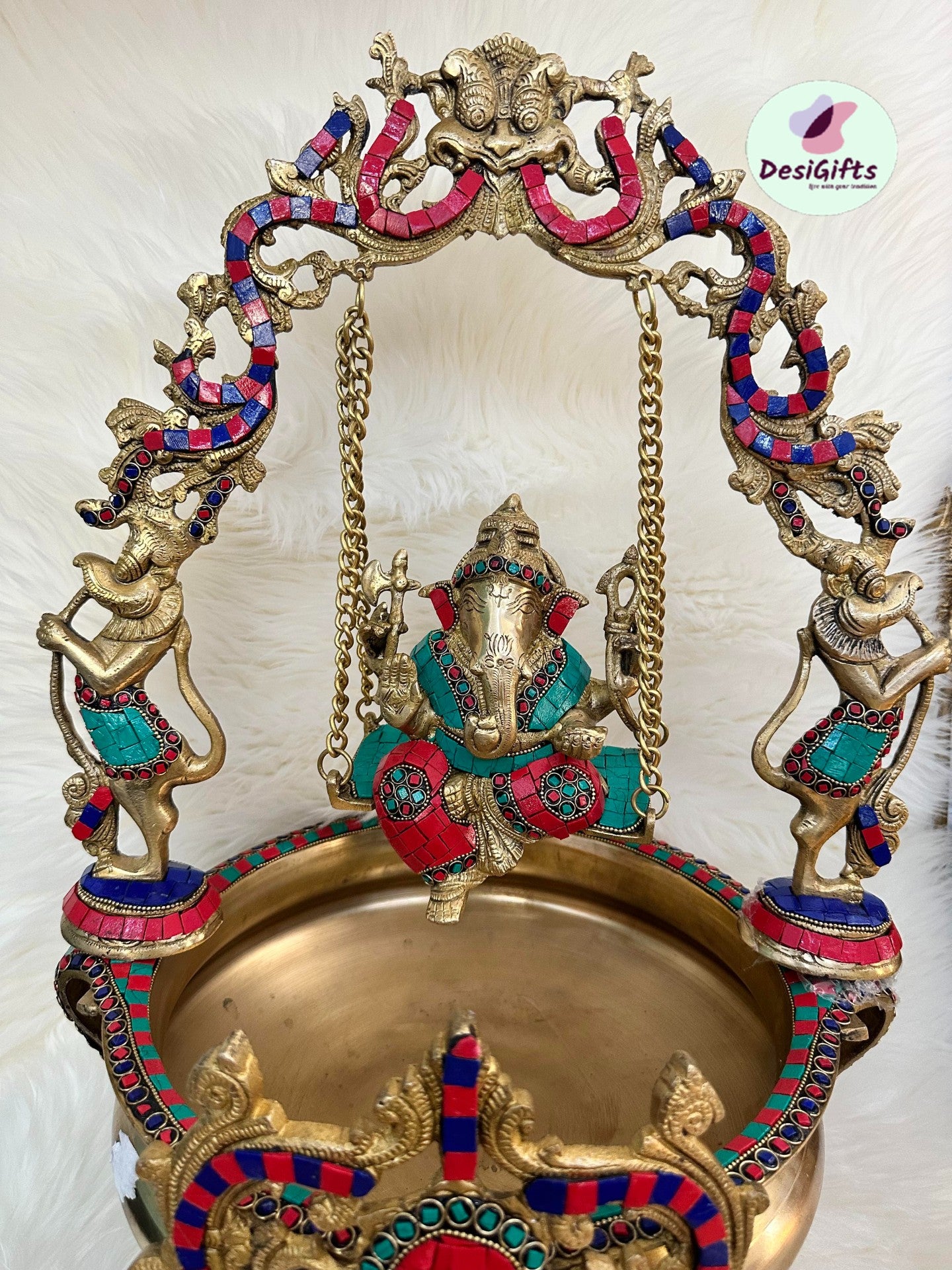23 Inch Ganesha Swing Brass urli with colorful Stone Work, UBB - 1045