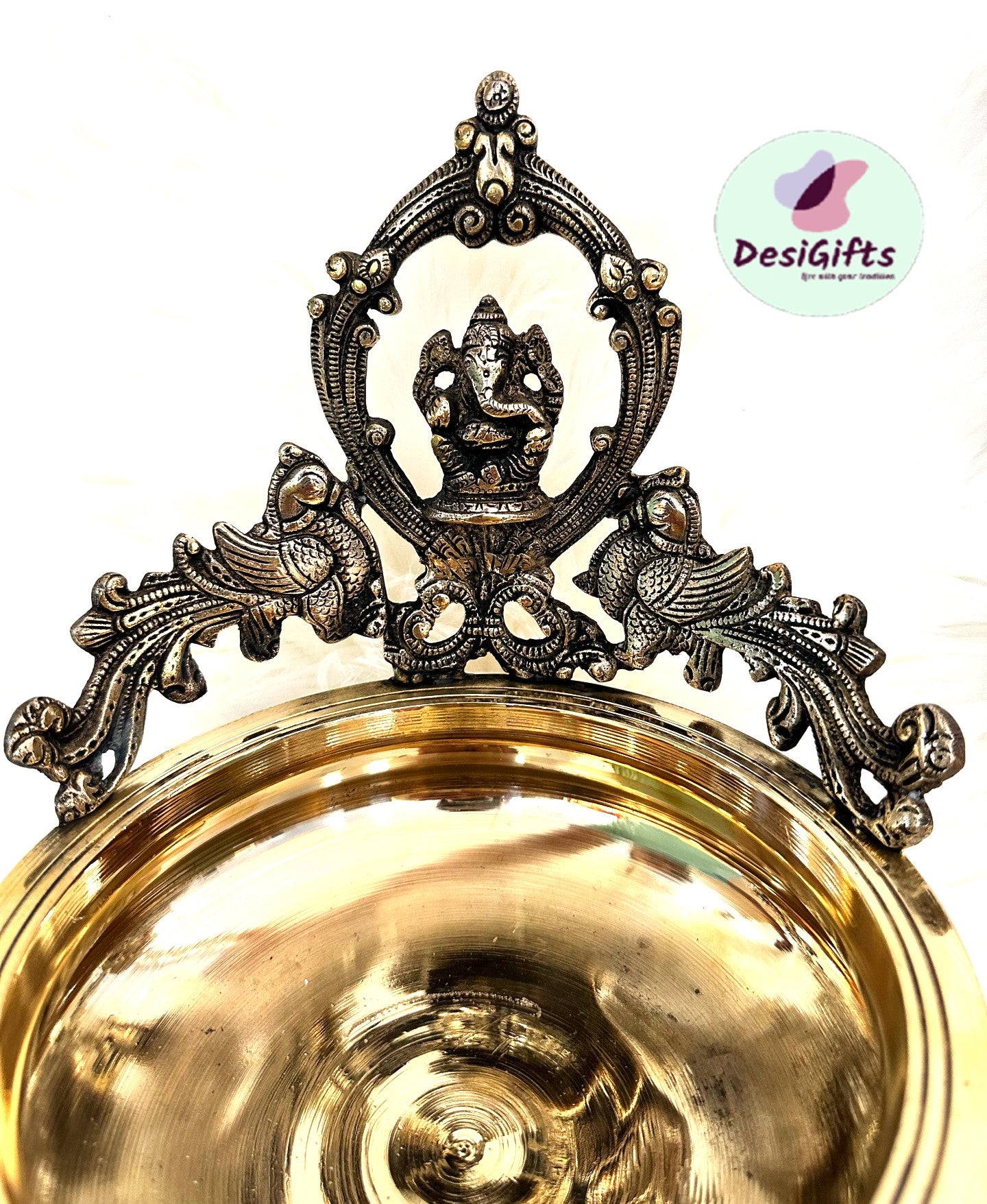 12 Inch Ganesha urli with Bell and Diya in Brass Antique Finish, UBB - 1046