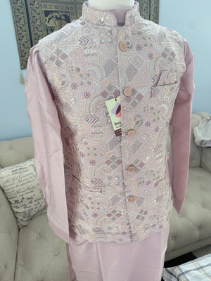 Men’s Dusty Rose Pink Shade 3-Piece Kurta Pajama with Heavy Embroidered Jacket, Wedding & Festive Ethnic Wear, KPJ-3077