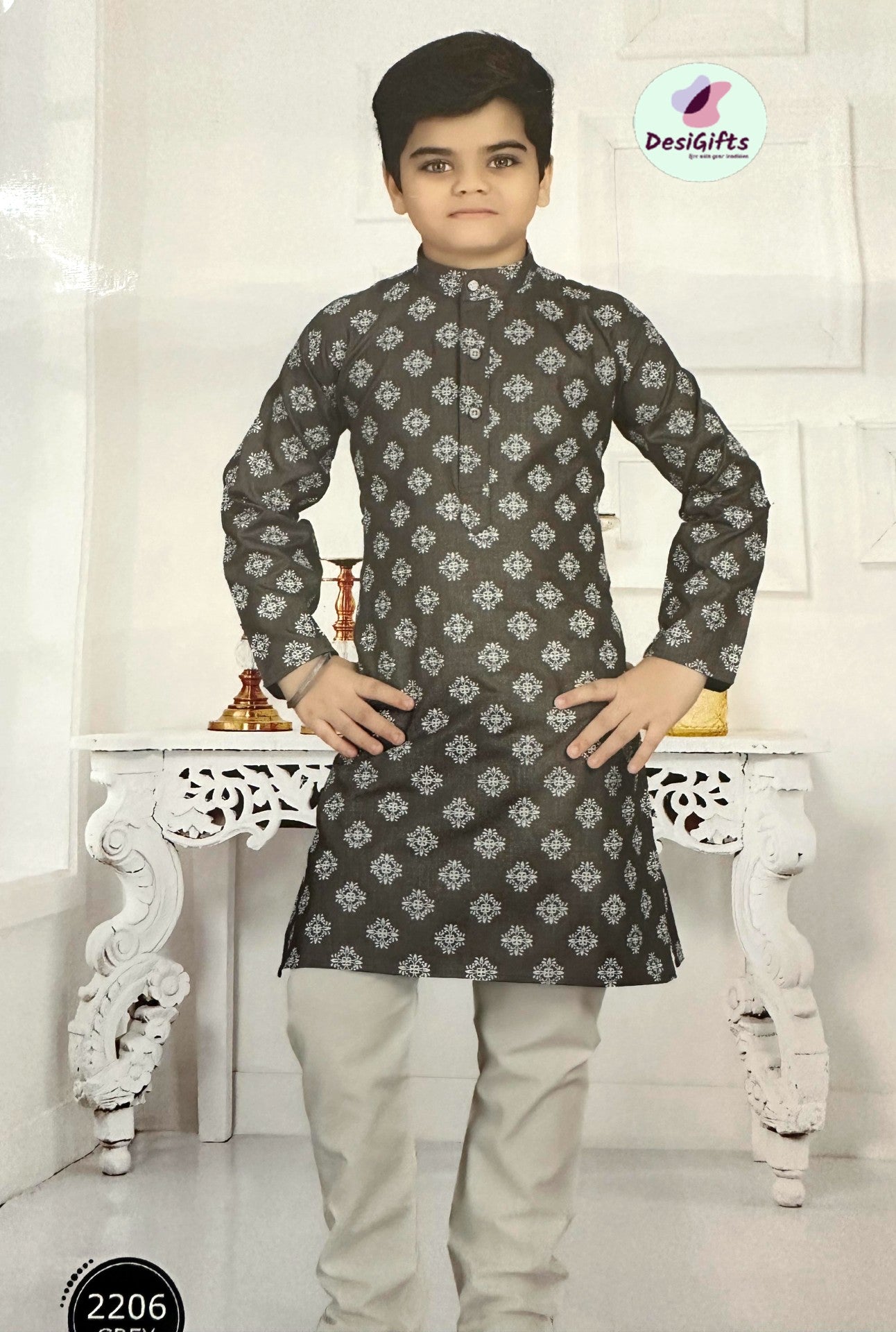Size 5, Gray Boy's Cotton Silk Kurta pajama - BOY-1070