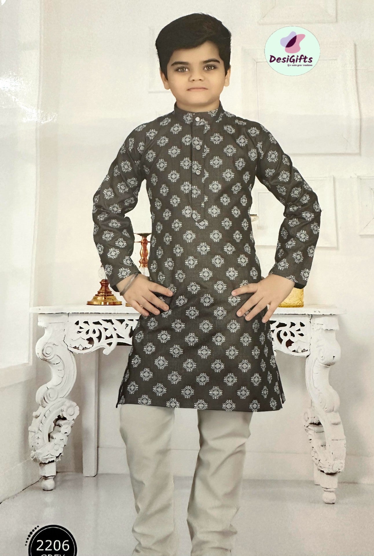 Gray Boy's Cotton Silk Kurta pajama - BOY-1070