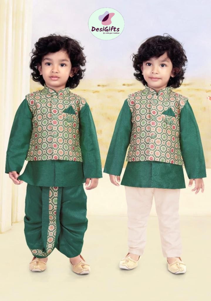 Size 1, Four Piece Boy's Cotton Silk Dress with Jacket, Kids Kurta Pajama Design- Boy-1072