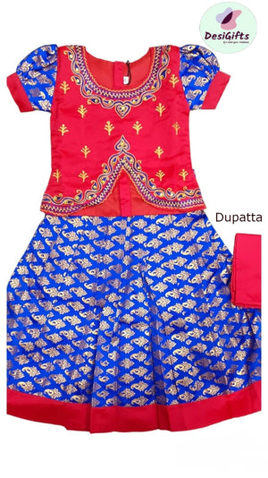 Traditional Silk Pattu Pavadai Red Blue Lehnga Choli, Design GRL -1053