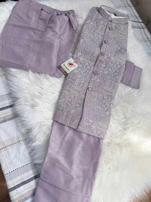 Men’s Pastel Purple 3-Piece Kurta Pajama with Heavy Embroidered Jacket, Wedding & Festive Ethnic Wear, KPJ-3079