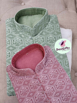 Eye Catching Onion & Green Shade Kurta Pajama Set, Georgette with Intricate Chikankari Embroidery, KP - 1016