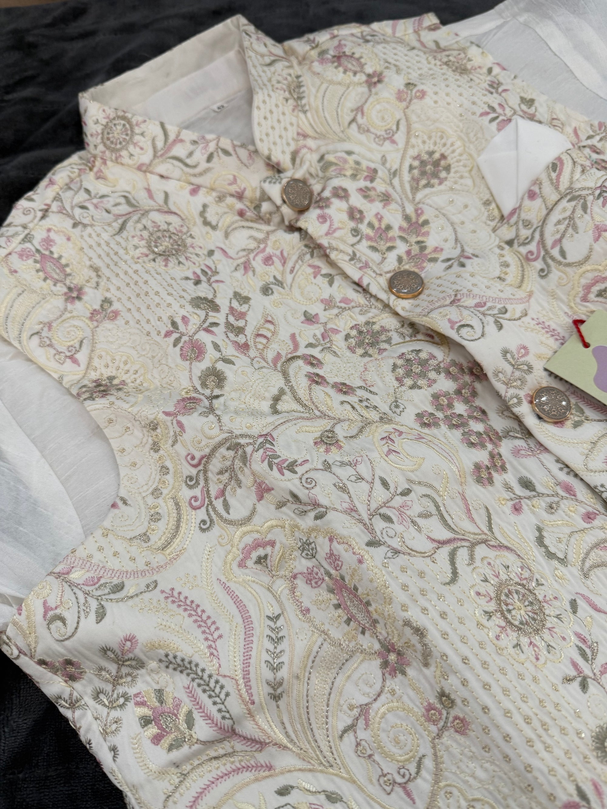 Elegant 3 Piece Cream Kurta Pajama with Jacket  Embroidered Set for Man, Cotton Silk, Indian Wedding Partywear, DM - 1885