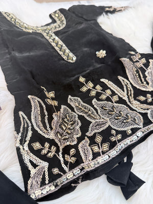 Girls’ Black with Gold Embroidery Kurta Palazzo Set with Sequins Work – Festive Ethnic Wear, GRL-2094