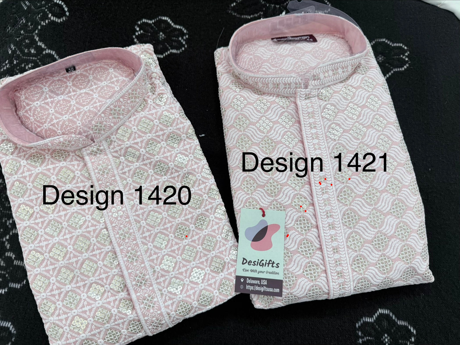 Men's Kurta Pajama set with Embroidery and Sequins in Soft Pink Shade. Two-piece Indian traditional outfit., KP - 1420-1421
