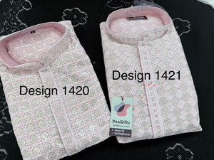 Men's Kurta Pajama set with Embroidery and Sequins in Soft Pink Shade. Two-piece Indian traditional outfit., KP - 1420-1421