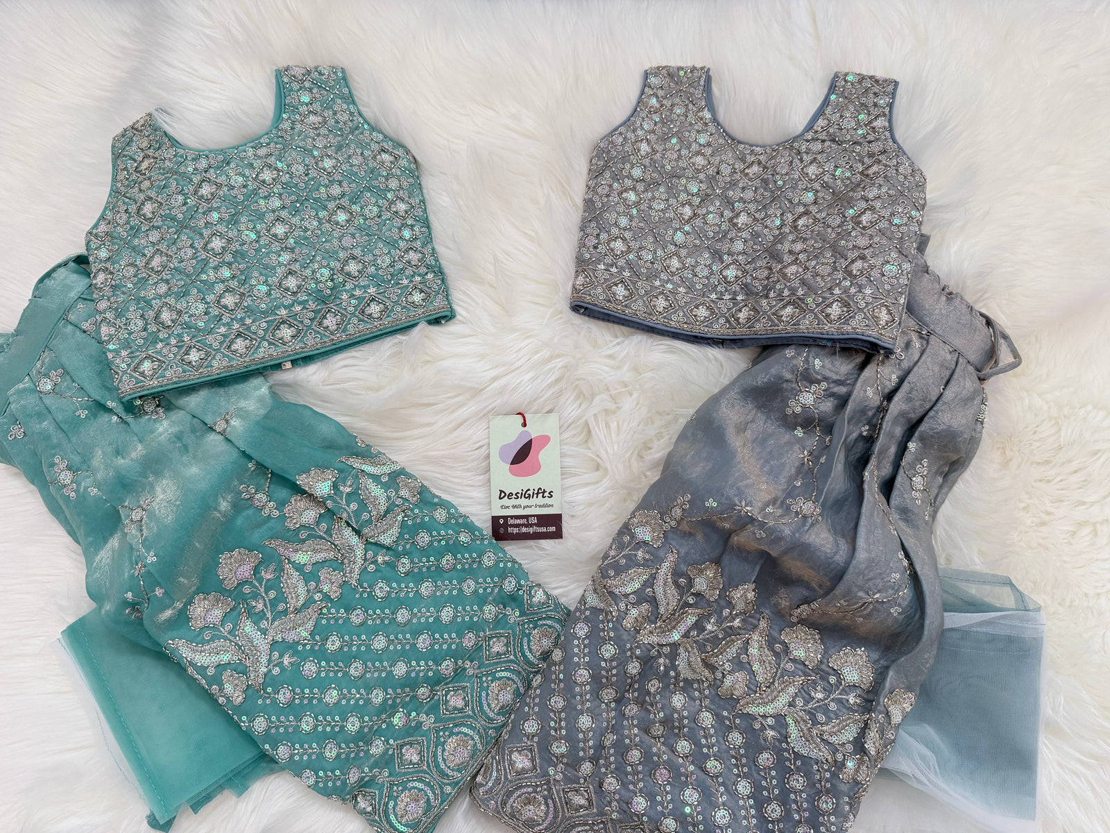 Baby Girls’ Embroidered Lehenga Choli Set in Teal Blue & Slate Gray, Festive Indian Ethnic Outfit Lehenga Dress, GRL-2091