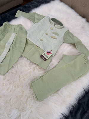 Green Shade 4 Piece Boy's Cotton  Silk Ethnic Kurta with Jacket, Dhoti and Pajama- Design B-2005