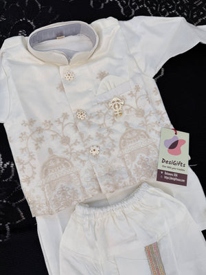 Boys Ivory Cream Kurta Pajama Set with Floral Embroidery Jacket | Dhoti and Pajama | Indian Wedding Festive Ethnic Wear for Kids, B-4058
