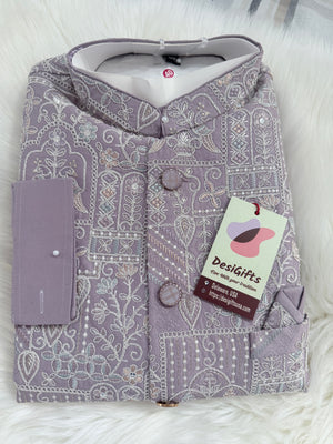 Men’s Pastel Purple 3-Piece Kurta Pajama with Heavy Embroidered Jacket, Wedding & Festive Ethnic Wear, KPJ-3079