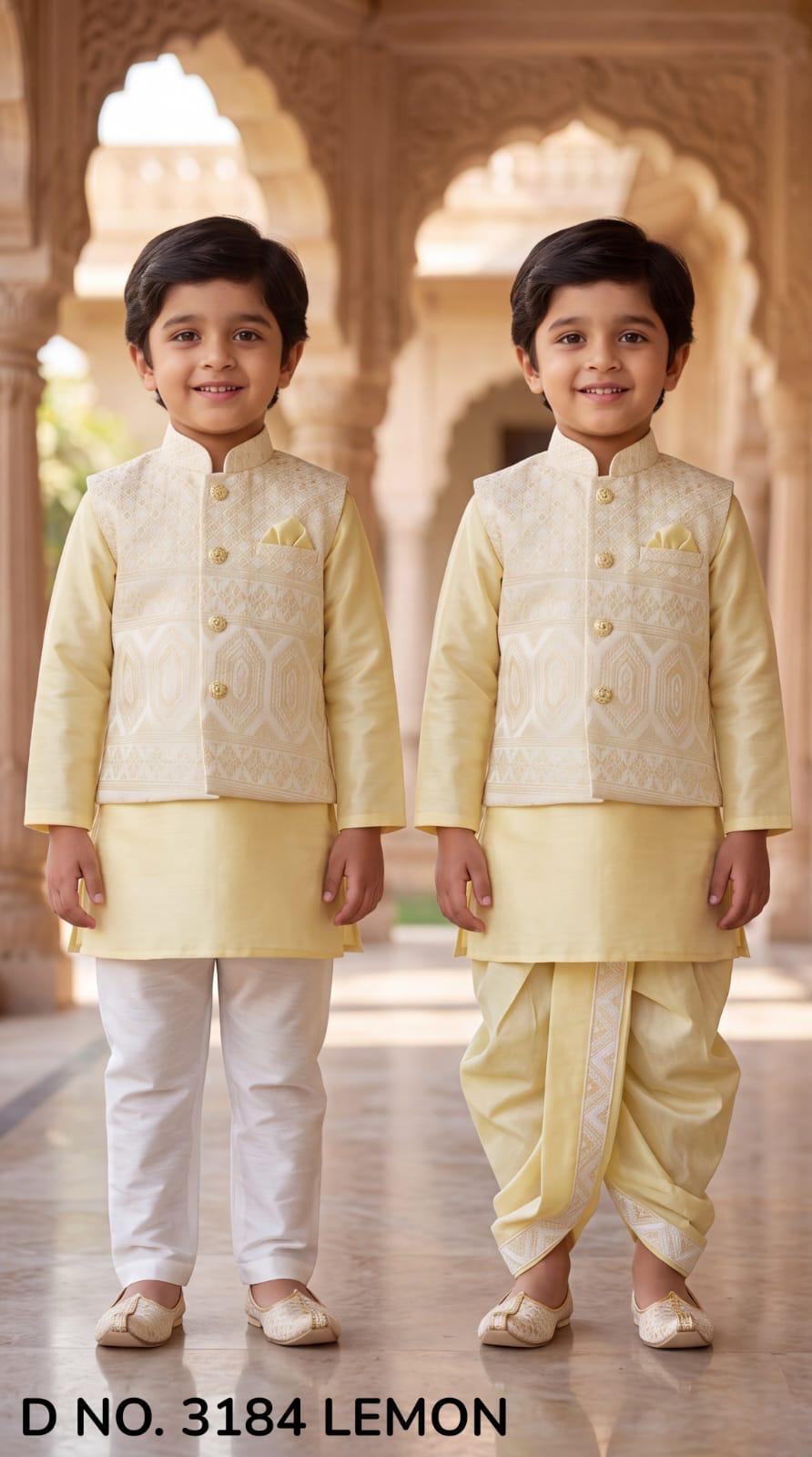 Boys Light Lemon Yellow Kurta Pajama Set with Geometric Design Jacket | Dhoti and Pajama | Indian Wedding Festive Ethnic Wear for Kids, B-4056