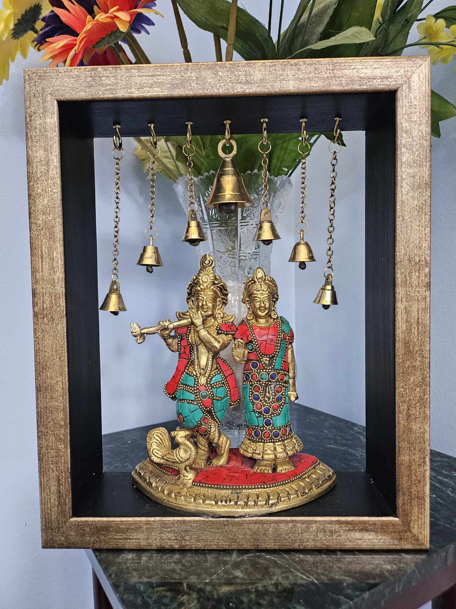 Handcrafted Radha Krishna ji in Brass In Wooden Frame, RK- 1300