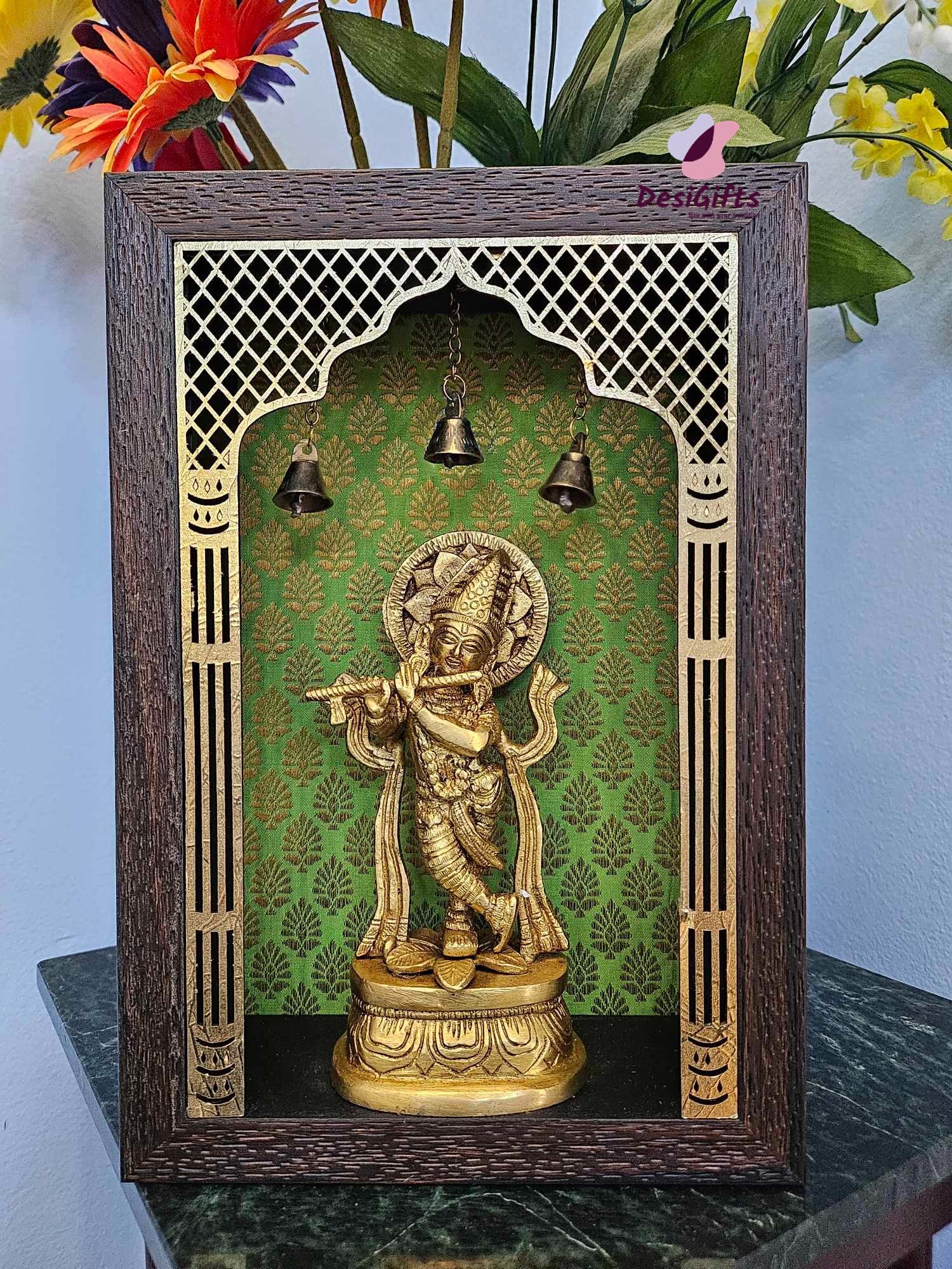 Handcrafted Krishna ji in Brass In Wooden Frame, RK- 1299