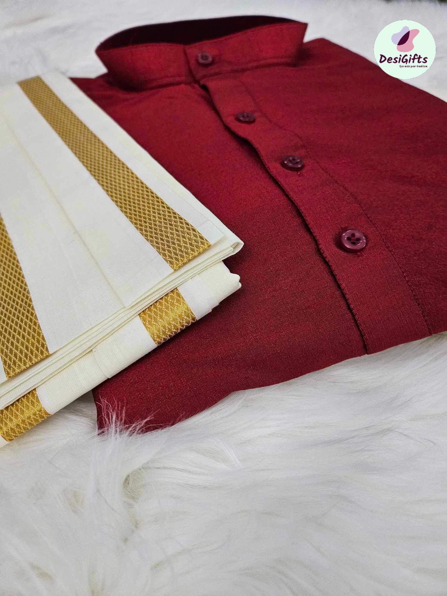 Size 44, South Indian Mans Silk Kurta Dhoti With Mundu, 3 Piece Set (Kurta Pajama Set)- Design# B-MRN-1175