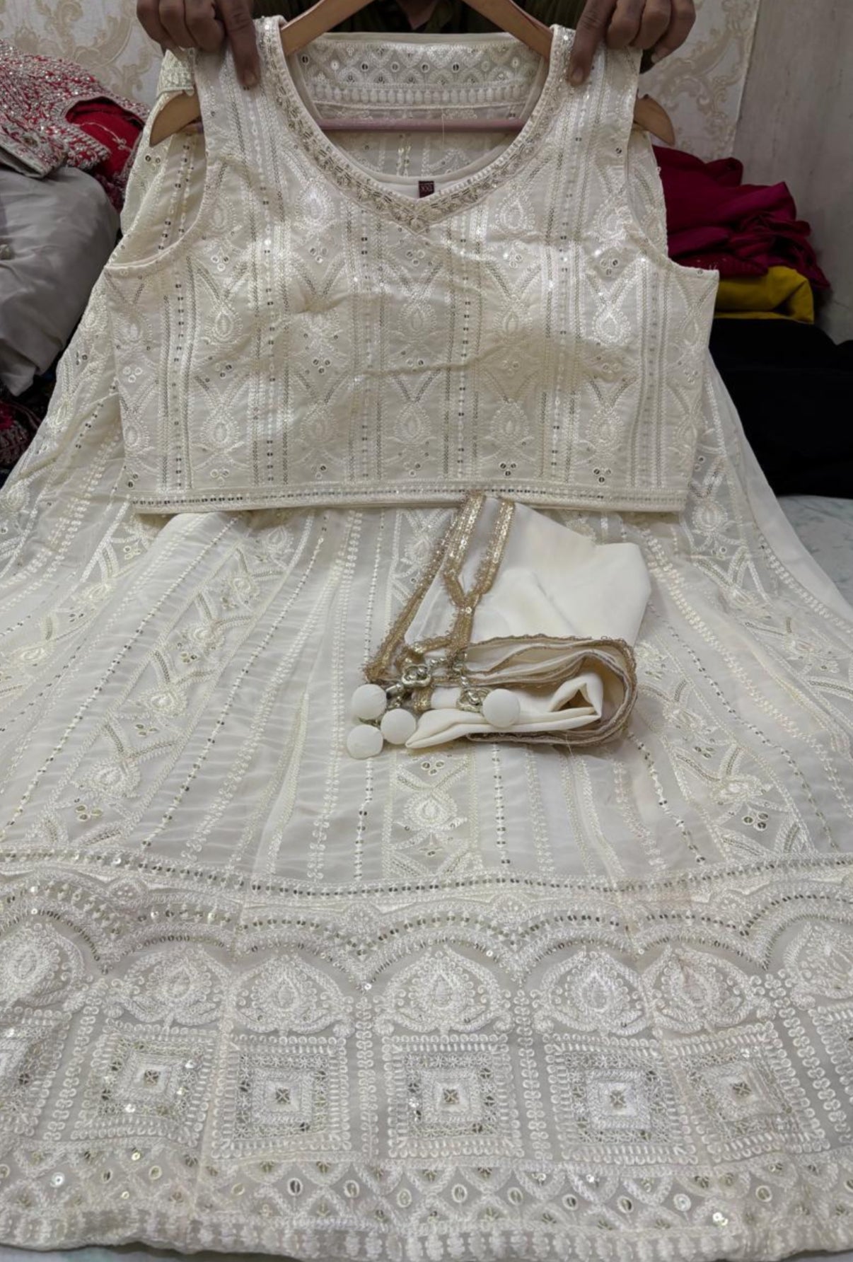 Size 2XL, Cream Embroidery Georgette  Lehenga Choli 3 Pieces Ethnic Wear for Girls, Design LHG - 1976