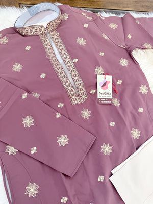 Men’s Onion Shade Embroidered Kurta Pajama Set | Open Neck Kurta with Ivory Trouser Pants | Indian Wedding & Festive Wear, KP-4068