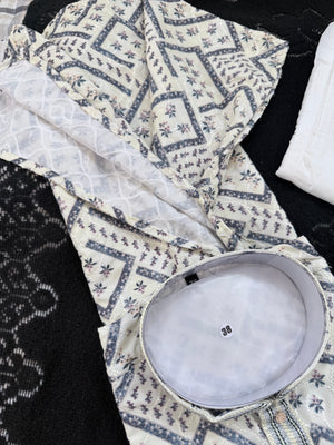 Men’s Kurta Pajama Set – Premium Viscose Rayon with Embroidery, Cream with Blue Geometric Pattern & Sequin Detailing| KPS-3031