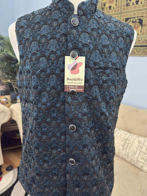 Classic Blue Shade Jacket for Men, Intricately Embroidered Indian Waistcoat, Sadri with Sequins, Wedding Jacket, J - 1928
