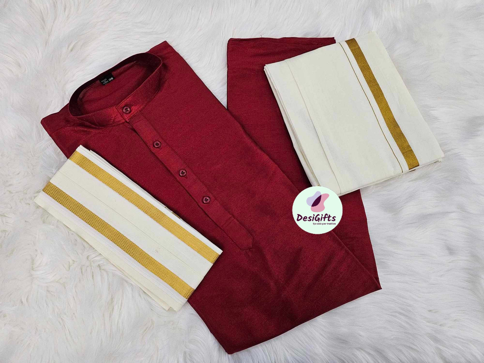 Size 44, South Indian Mans Silk Kurta Dhoti With Mundu, 3 Piece Set (Kurta Pajama Set)- Design# B-MRN-1175