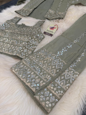 Classy Sequins Work Top with Jacket, Pant Style Set for Girl in Pista Green Shade, Indian traditional Girl Dress, GRL - 1894
