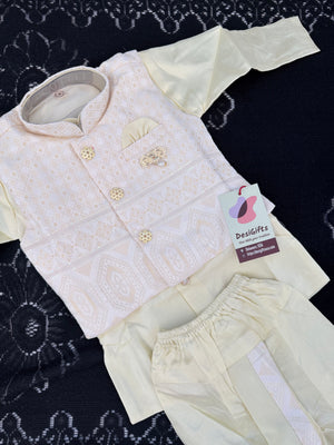 Boys Light Lemon Yellow Kurta Pajama Set with Geometric Self Design Jacket | Dhoti and Pajama | Indian Wedding Festive Ethnic Wear for Kids, B-4056
