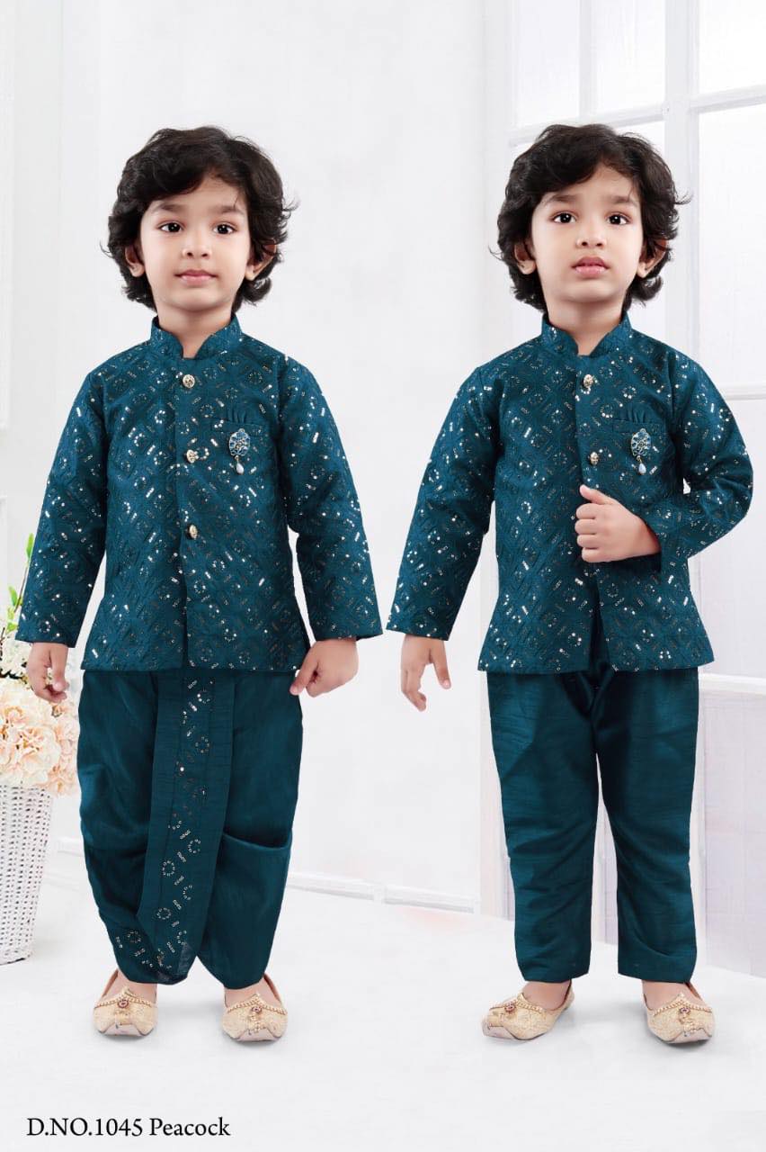 Comfy Newborn Boy Cotton Silk Sherwani Indian Dress with Dhoti and Pajama- Design B-1126