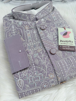 Men’s Pastel Purple 3-Piece Kurta Pajama with Heavy Embroidered Jacket, Wedding & Festive Ethnic Wear, KPJ-3079