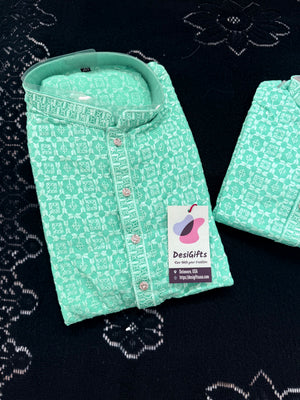 Men & Boys Turquoise Teal Rayon Chikankari with Sequins Kurta Pajama Set | Matching Father Son Option Festive Outfit with Sequin Work, DM -1423
