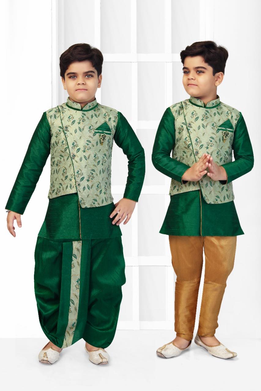 4 Piece Boy's Cotton Silk Dress with Jacket, Dhoti and Pajama- Design B-1113