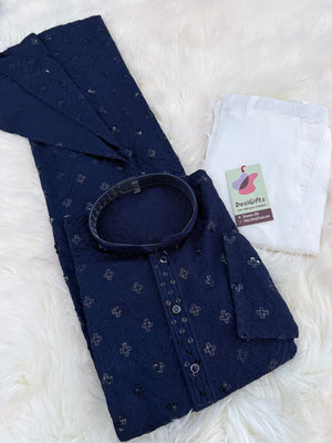 Men’s Blue Rayon Kurta Pajama Set with Chikankari Embroidery and Sequin Accents, Indian Kurta set, KP - 1980