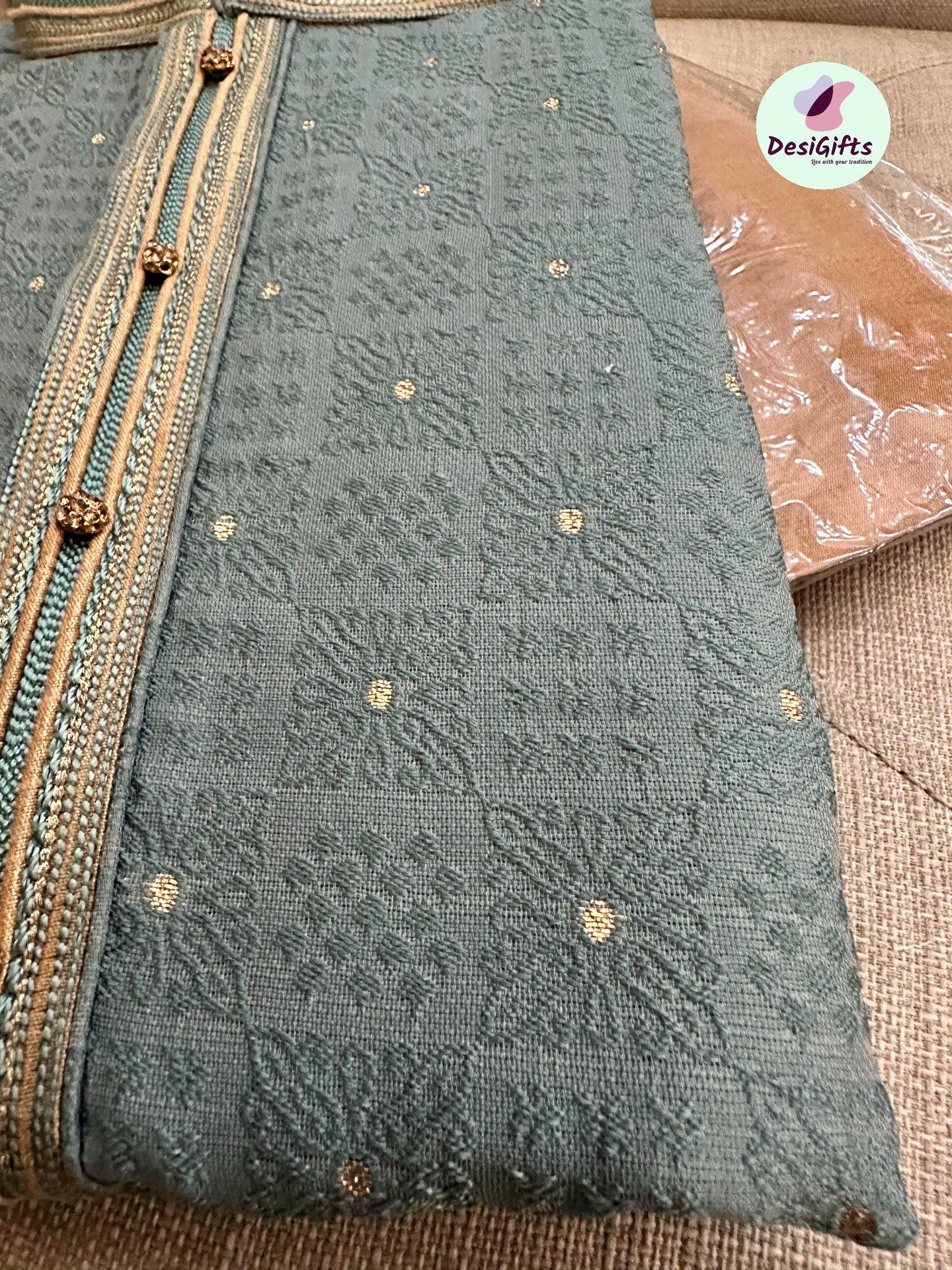 Sage Green Cotton Silk with Self and Golden Work 2 Piece Kurta Pajama Set, KP - 1118