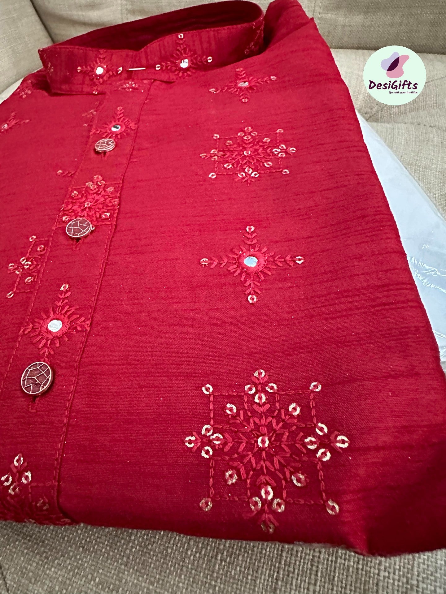 Size 40 Rose Red Shade Cotton Silk Kurta Pajama Set with Mirror Work KP- 1120