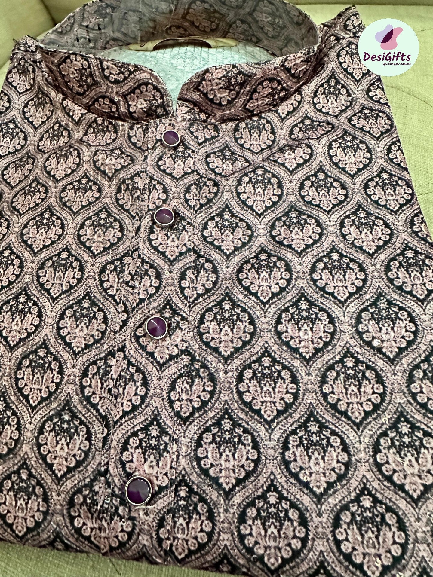 Size 38, Festive Season Sequins Grape Purple Kurta Pajama Set-Cotton Silk, Design KPS- 1122