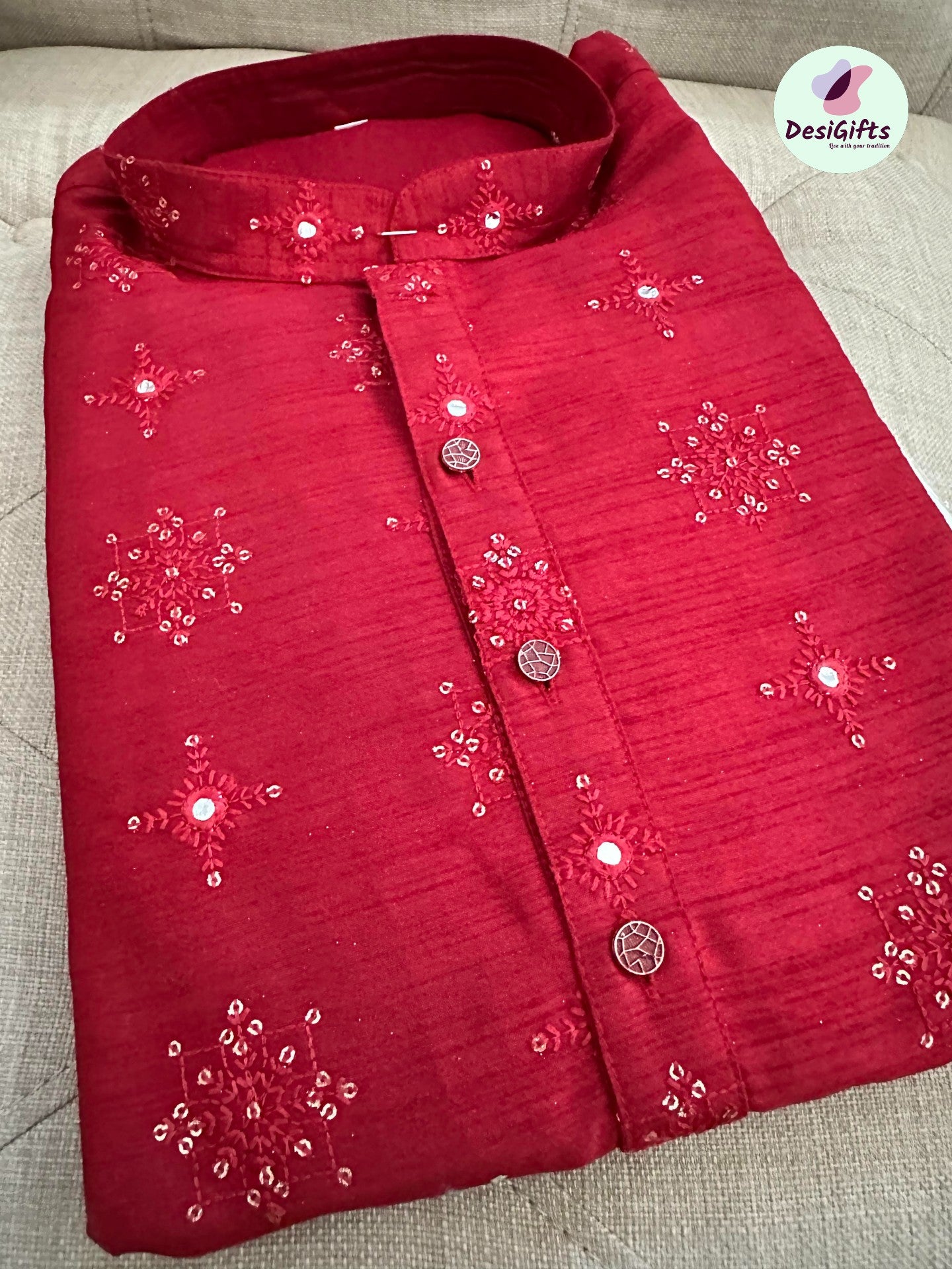 Rose Red Shade Cotton Silk Kurta Pajama Set with Mirror Work KP- 1120