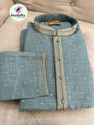 Size 46 Sage Green Cotton Silk with Self and Golden Work 2 Piece Kurta Pajama Set, KP - 1118