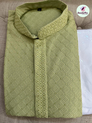 Olive Green Sequins Work Chikankari 2 Piece Kurta Pajama Set for Man, KP - 1117