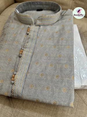 Gray Cotton Silk with Golden Buty 2 Piece Kurta Pajama Set-  573