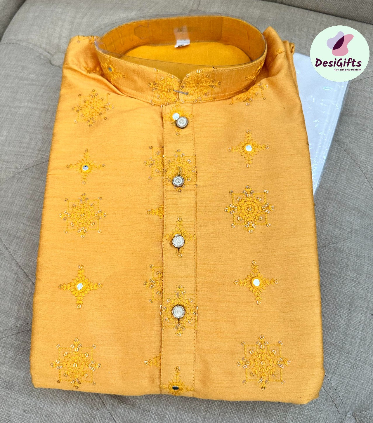 Yellow Shade Cotton Silk Kurta Pajama Set with Mirror Work KP- 1121