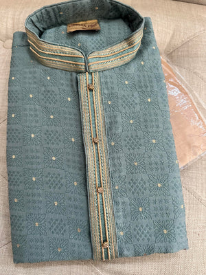 Size 46 Sage Green Cotton Silk with Self and Golden Work 2 Piece Kurta Pajama Set, KP - 1118