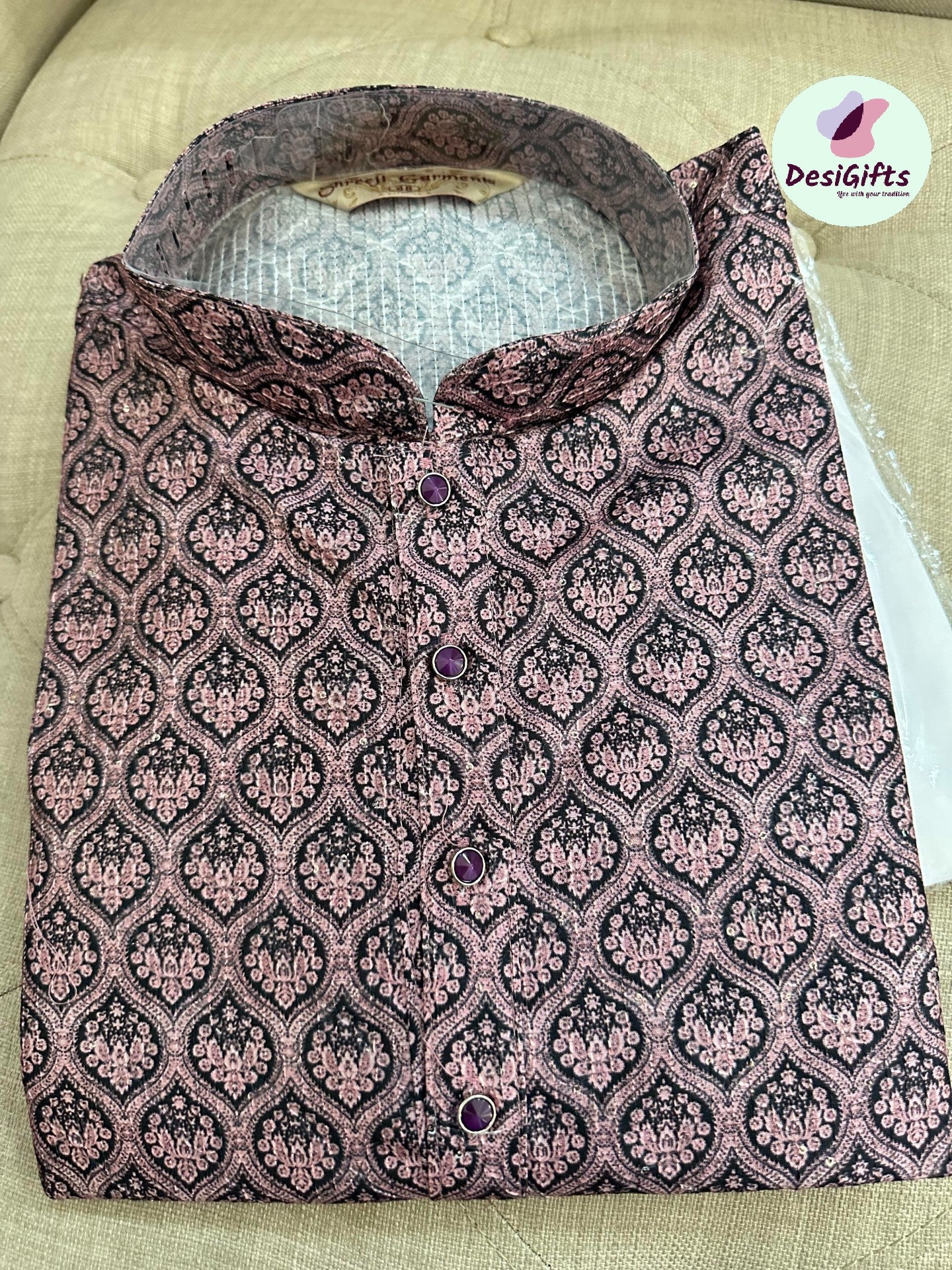 Size 38, Festive Season Sequins Grape Purple Kurta Pajama Set-Cotton Silk, Design KPS- 1122
