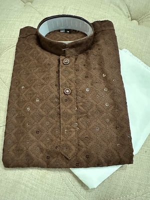 Size 9, Sequins work Boy's Brown Kurta Pajama Set- BOY-1107