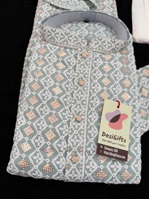 Light Teal Shade Men's Kurta Pajama set with Embroidery and Sequins. Two-piece Indian traditional outfit., KP - 2028