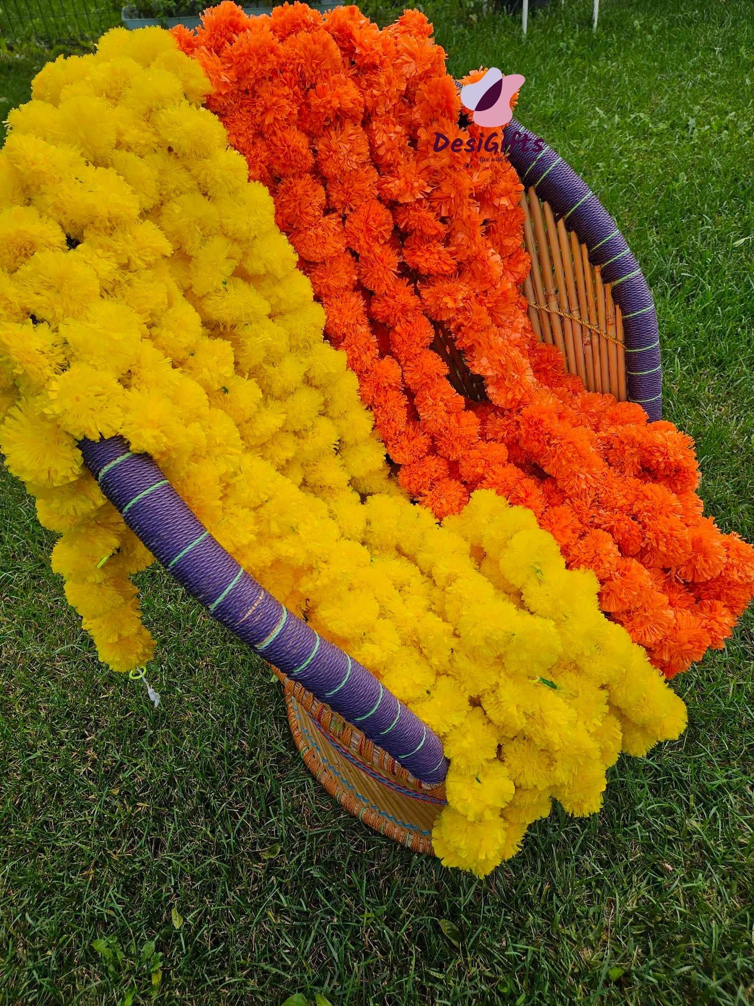 4-5Feet Long Artificial Marigold Flower Strings, Garland for Pooja, Festival, Hanging Decor, Set of 2, HDR-1129