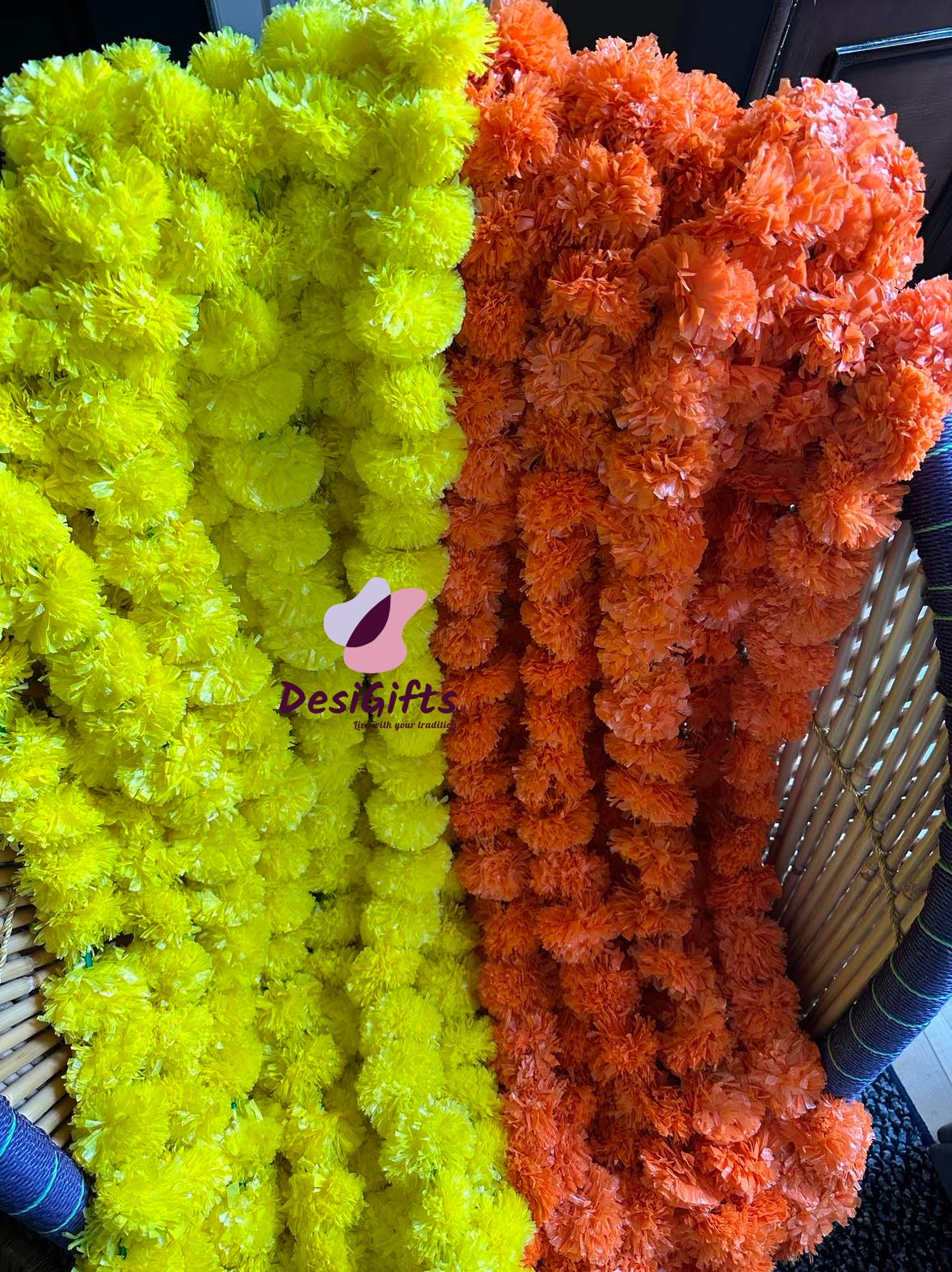 4-5Feet Long Artificial Marigold Flower Strings, Garland for Pooja, Festival, Hanging Decor, Set of 2, HDR-1129