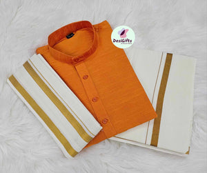 Orange South Indian Mans Silk Kurta Dhoti With Mundu, 3 Piece Set Kurta Pajama Set)- Design-MRN-1174