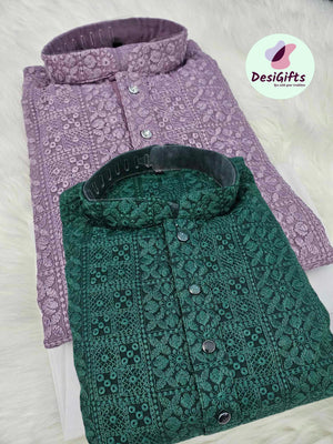 Simply Elegant purple & Green Shade Kurta Pajama Set, Georgette with Intricate Chikankari Embroidery, KP - 1165